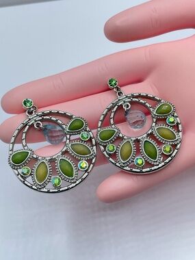 Silver Tone Green Acrylic AB Crystal Circle Drop Earrings Statement